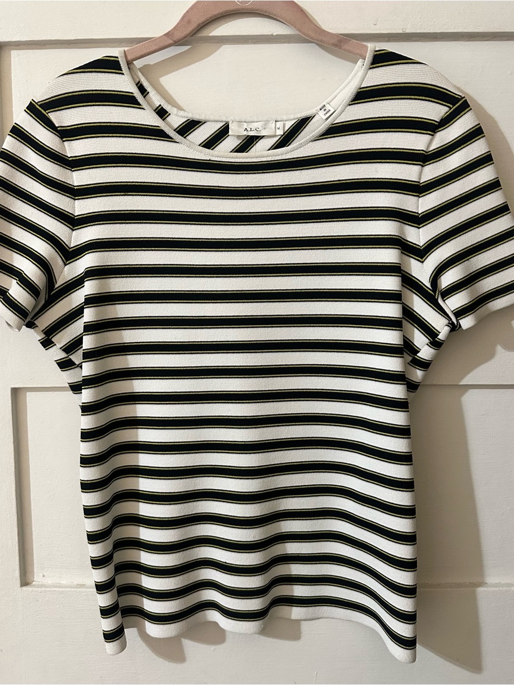 A.L.C. Black, White & Olive Striped Short Sleeve Top